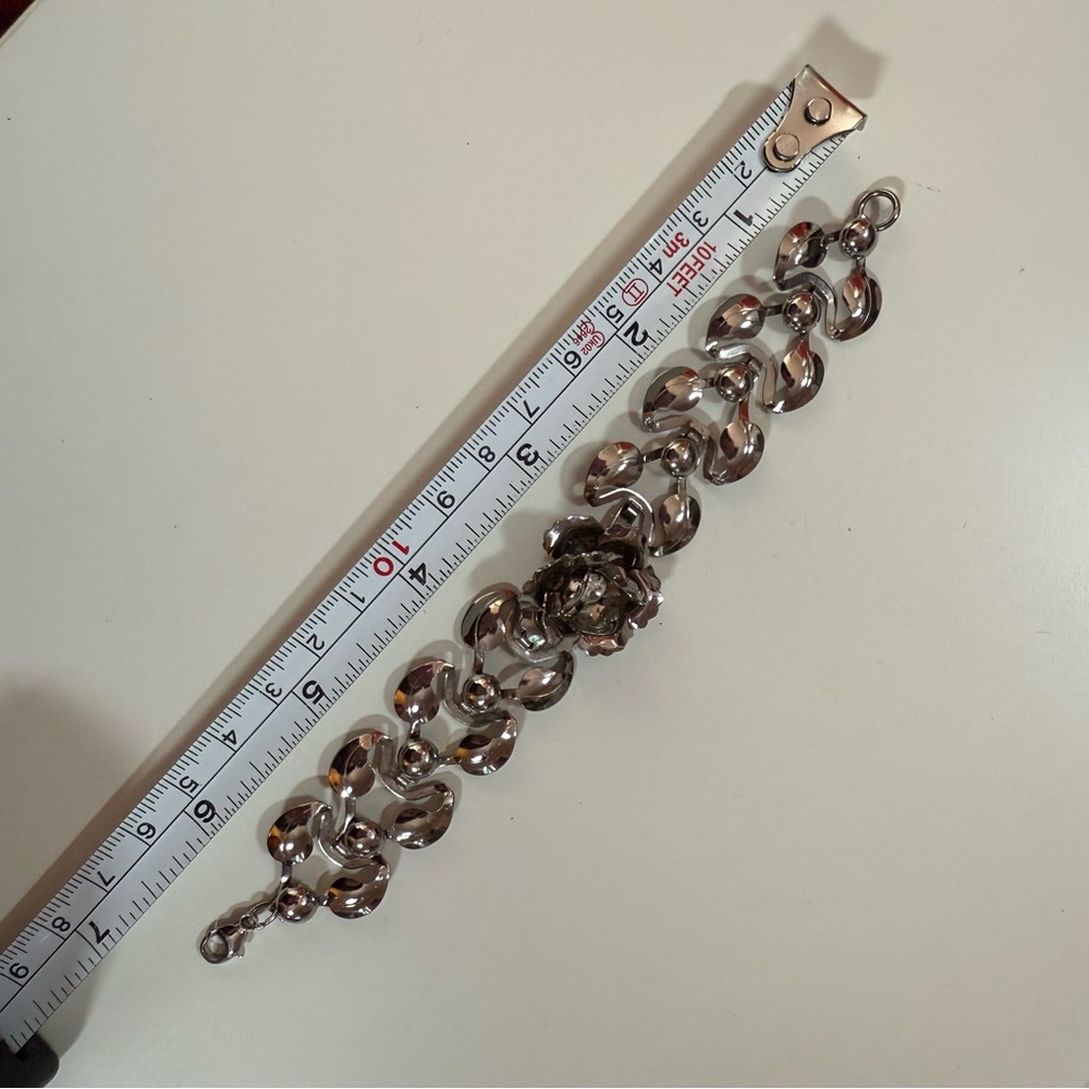 Silver Floral Rose Bracelet with Center Crystal - Picture 8 of 16
